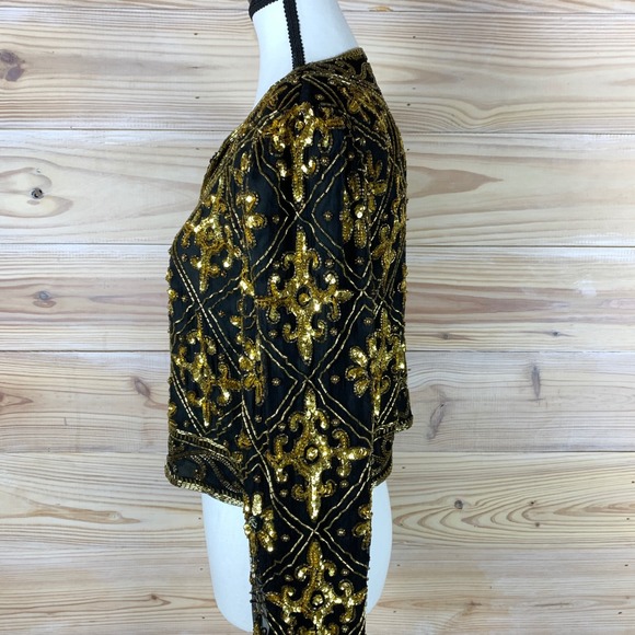Vtg Scala Beaded Sequin Jacket Womens PM Gold 100% Silk Cropped Bolero Glam - Picture 5 of 13